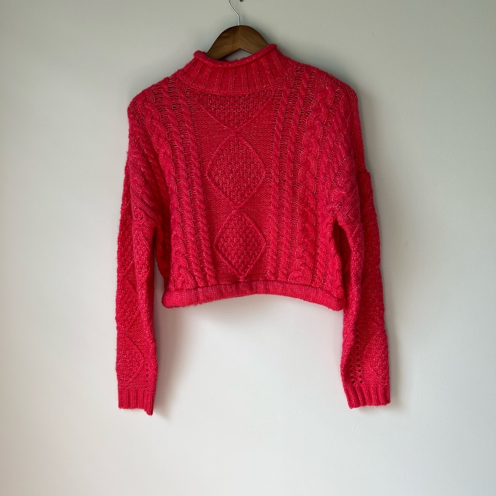 Sanctuary Cable Knit Cropped Sweater Sz S Neon Pink Mock Neck Stretch Sweater - Picture 3 of 13